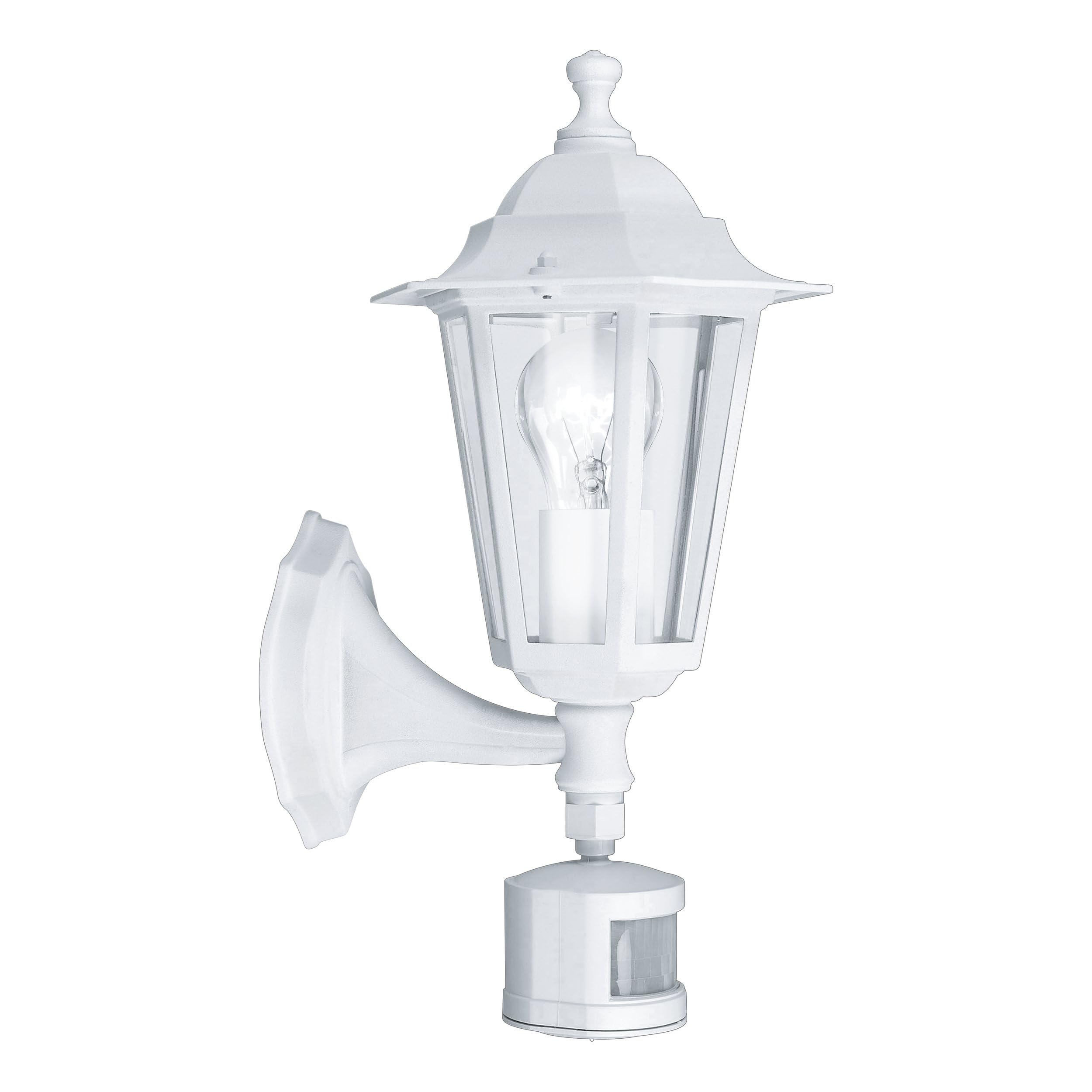 EGLO Außen-Wandlampe Laterna 5, 1 flammige Außenleuchte inkl. Bewegungsmelder, Sensor-Wandleuchte aus Aluguss und Glas, Farbe: Weiß, Fassung: E27, IP44