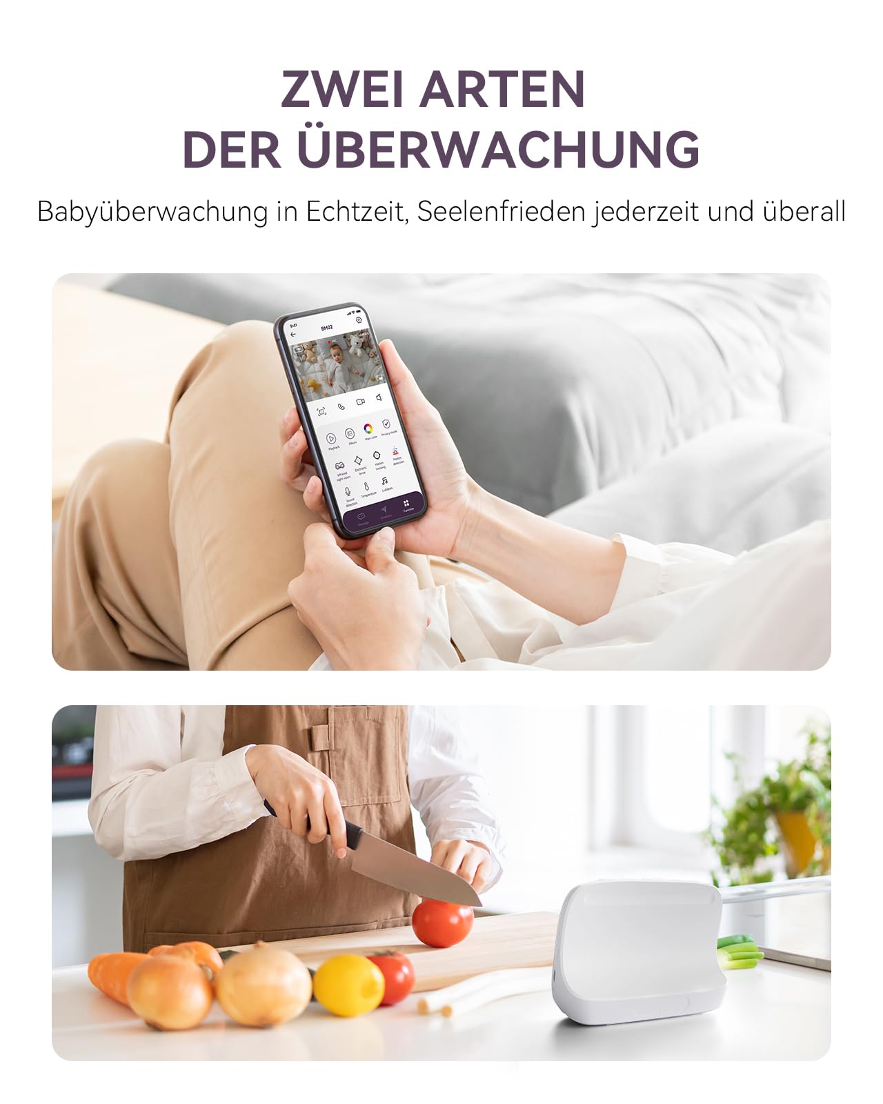 Comfyer 4 Split-Screen Smart Babyphone mit 2K Kamera, 5" HD Display WLAN Kamera Video Babyphone, IR-Nachtsicht, Automatische Verfolgung, Temp Anzeige, Bewegungs/Geräuscherkennung, App Steuern 5050mAh
