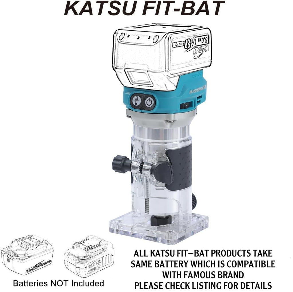 KATSU FIT-BAT 18V/21V Brushless Akku-Oberfräse Holzfräse Kantenfräse mit Trimmer-Basis, 3 Spannzangen 1/4", 6 mm und 8 mm, Ohne Akku und Ladegerät 102770