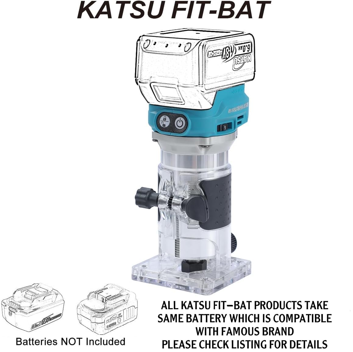 KATSU FIT-BAT 18V/21V Brushless Akku-Oberfräse Holzfräse Kantenfräse mit Trimmer-Basis, 3 Spannzangen 1/4", 6 mm und 8 mm, Ohne Akku und Ladegerät 102770