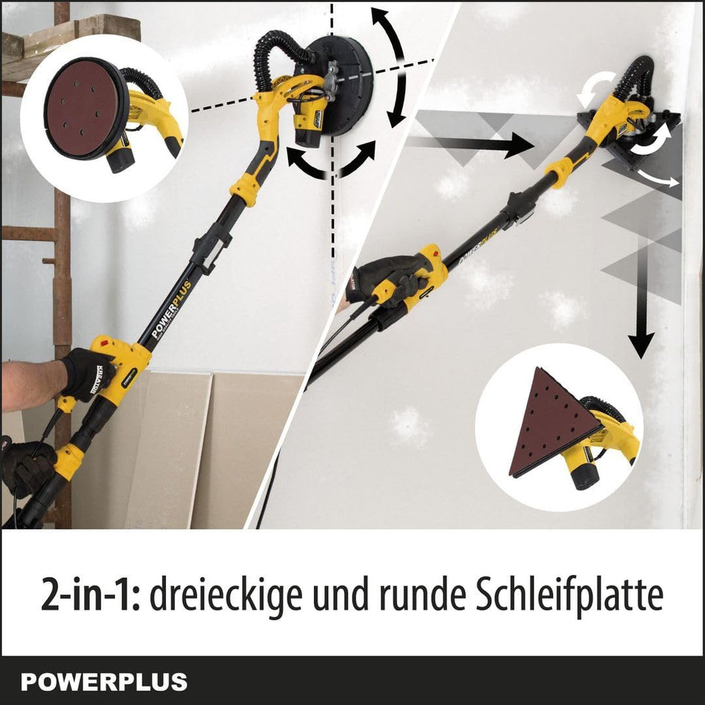 Powerplus Elektro-Trockenbauschleifer POWX0477-710W Elektrowerkzeug Schleifmaschine für Trockenbau - Wand und Deckenschleifer Schleifpapier Ø225mm - 1500min-1 - Teleskop - mit 12 Acc.