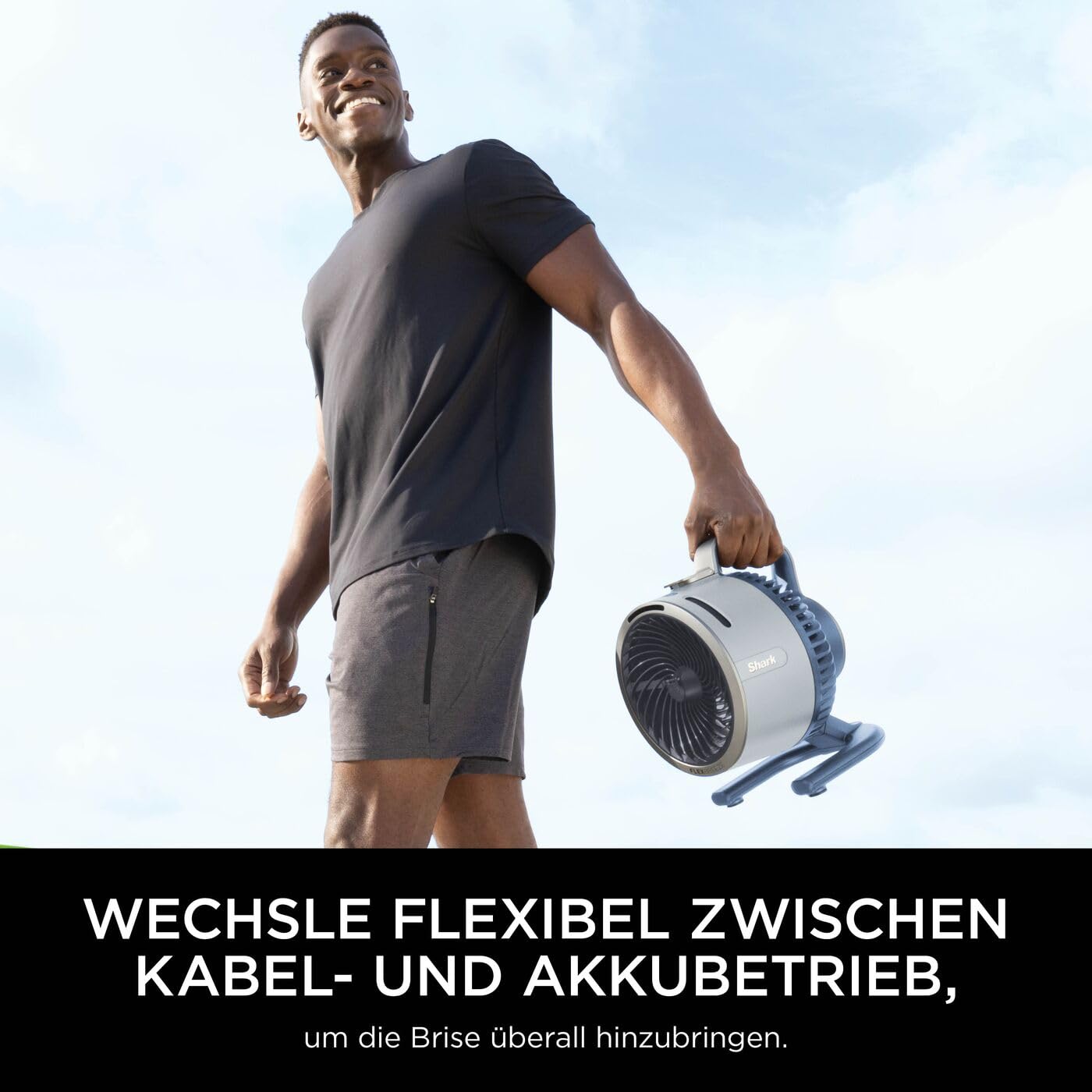 Shark FlexBreeze HydroGo Starker Ventilator mit Sprühnebel, Kühlung für drinnen & draußen, leise & langlebig, kabelgebunden & kabellos, kompakt & leicht,5 Geschwindigkeiten, Gletscher FA050EUBL