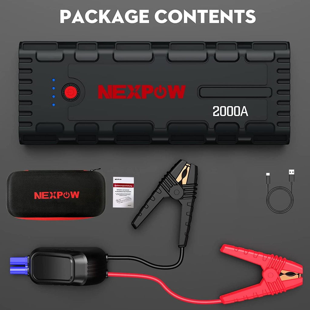 NEXPOW Starthilfe Powerbank, 2000A Spitzenstrom Auto Starthilfe, 12V Tragbarer Batterie Booster mit USB-Schnellladung 3.0 (bis zu 7,0L Benzin oder 6,5L Diesel) Safe Batteriestarter LED-Licht (schwarz)