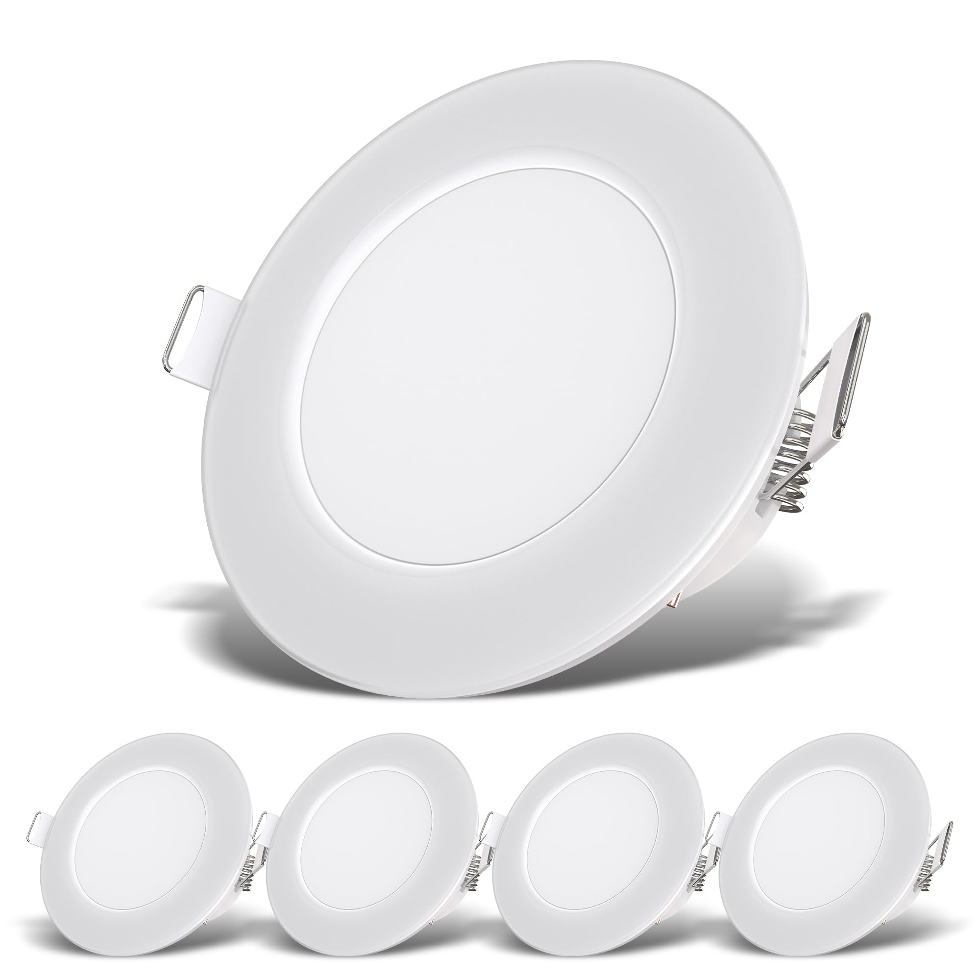 B.K.Licht - 5er Set LED Bad Einbaustrahler 230V flach, IP65, neutralweiße Lichtfarbe, Lochmass 68mm, LED Spot, Deckenspots, Spots, Einbauleuchten, Einbauspots, Badezimmer, 86x30 mm, Weiß