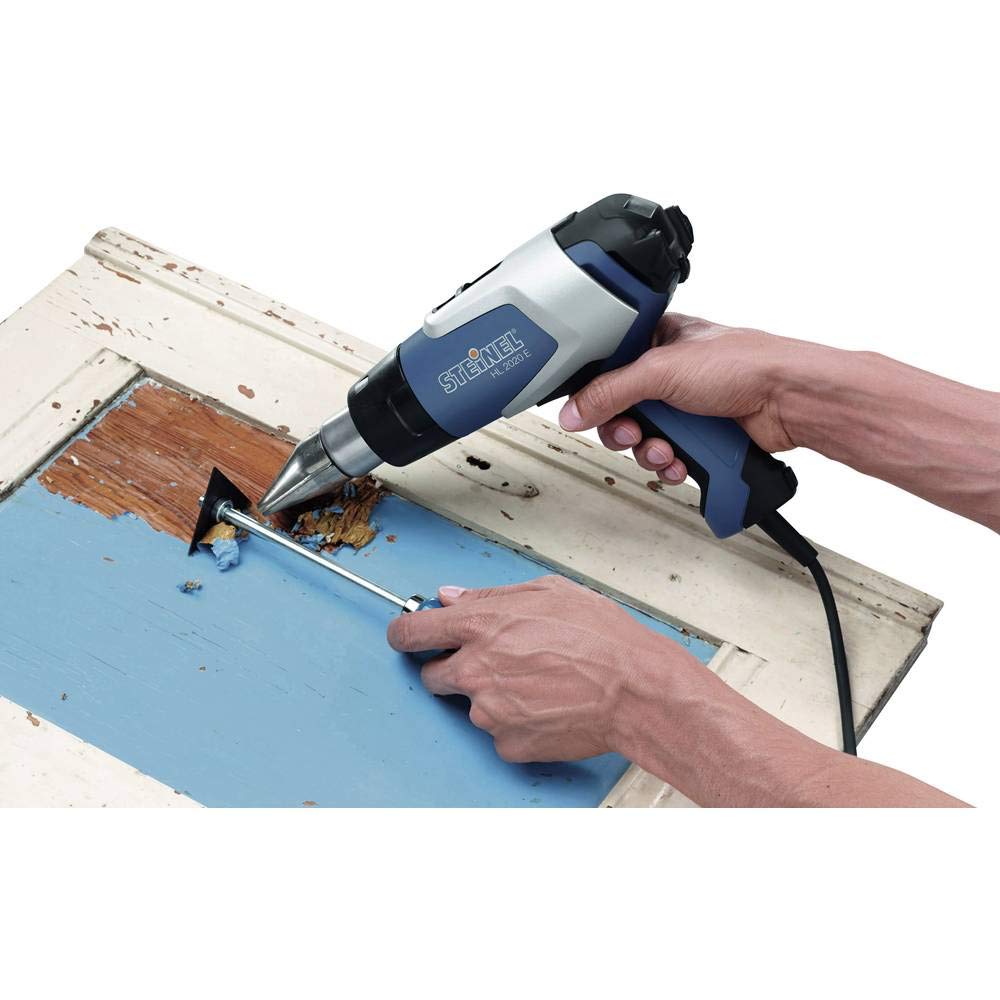 Steinel Heißluftpistole HL 2020 E im Koffer, Inkl. 9mm Reduzierdüse, 2200 W Heißluftfön, LCD-Display, 80°-630°C, Blau