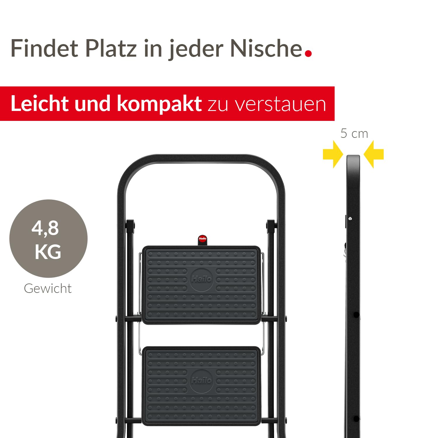 Hailo K44 StandardLine Klapptritt - 2-stufige Trittleiter aus Stahl mit großen Stufen und Anti-Rutsch-Matten - Arbeitshöhe bis 2,46 m - Gewicht: 4,8 kg - Schwarz