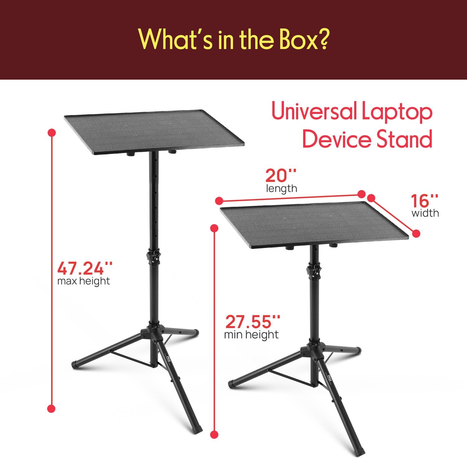 Pyle Laptop Ständer höhenverstellbar – Laptopständer & Projektorständer für Bühne, Büro & Studio, klappbar, robust, 70–120 cm Höhe, für Notebook, Beamer, DJ & Präsentationen