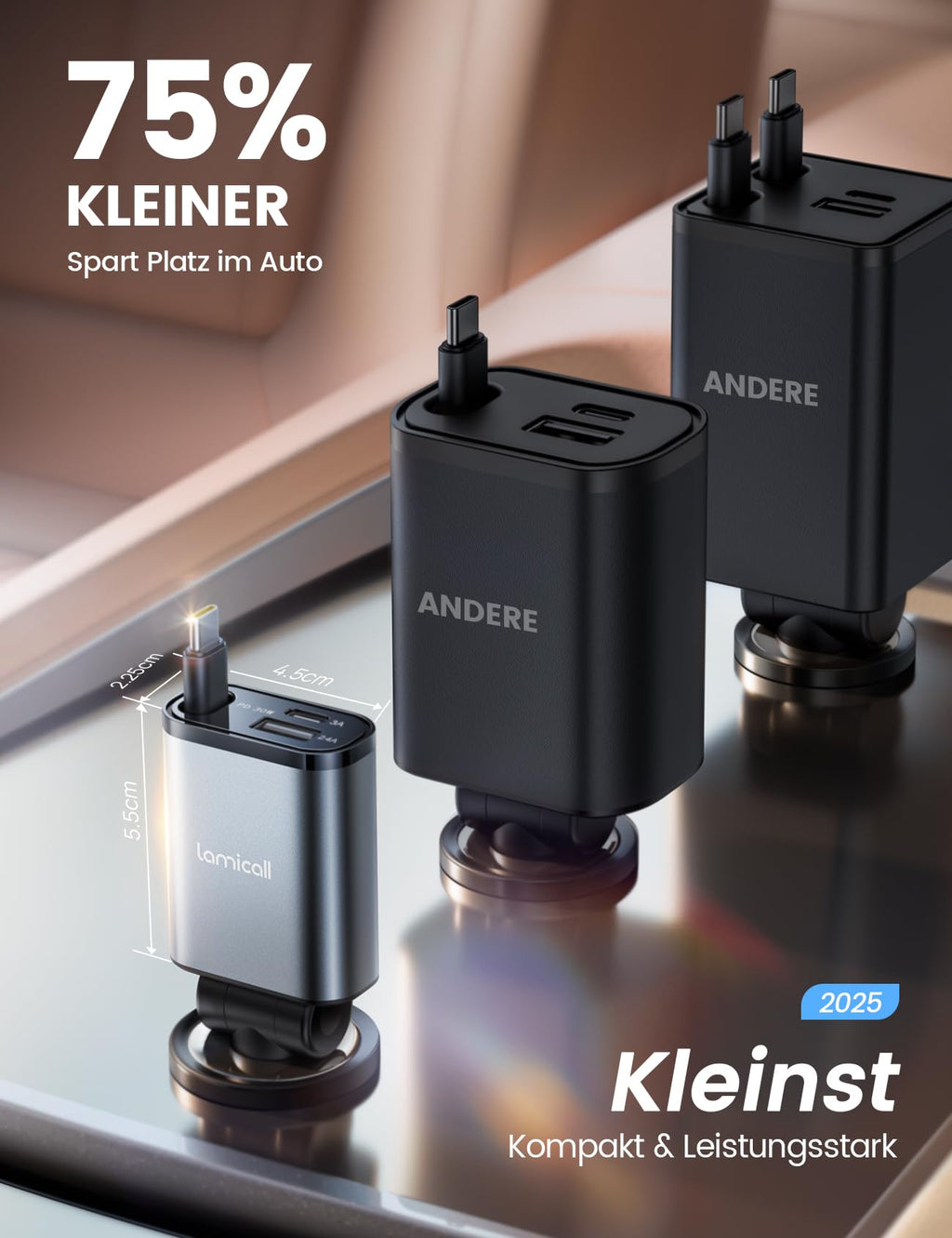 Lamicall 3 IN 1 Zigarettenanzünder USB C Auto Ladegerät -【2026 Super Kompakt】50W USB Adapter Auto Schnellladegerät mit einziehbare Typ-C Kabel/USB C/USB A, 24/12V KFZ Ladegerät Auto für iPhone/Samsung