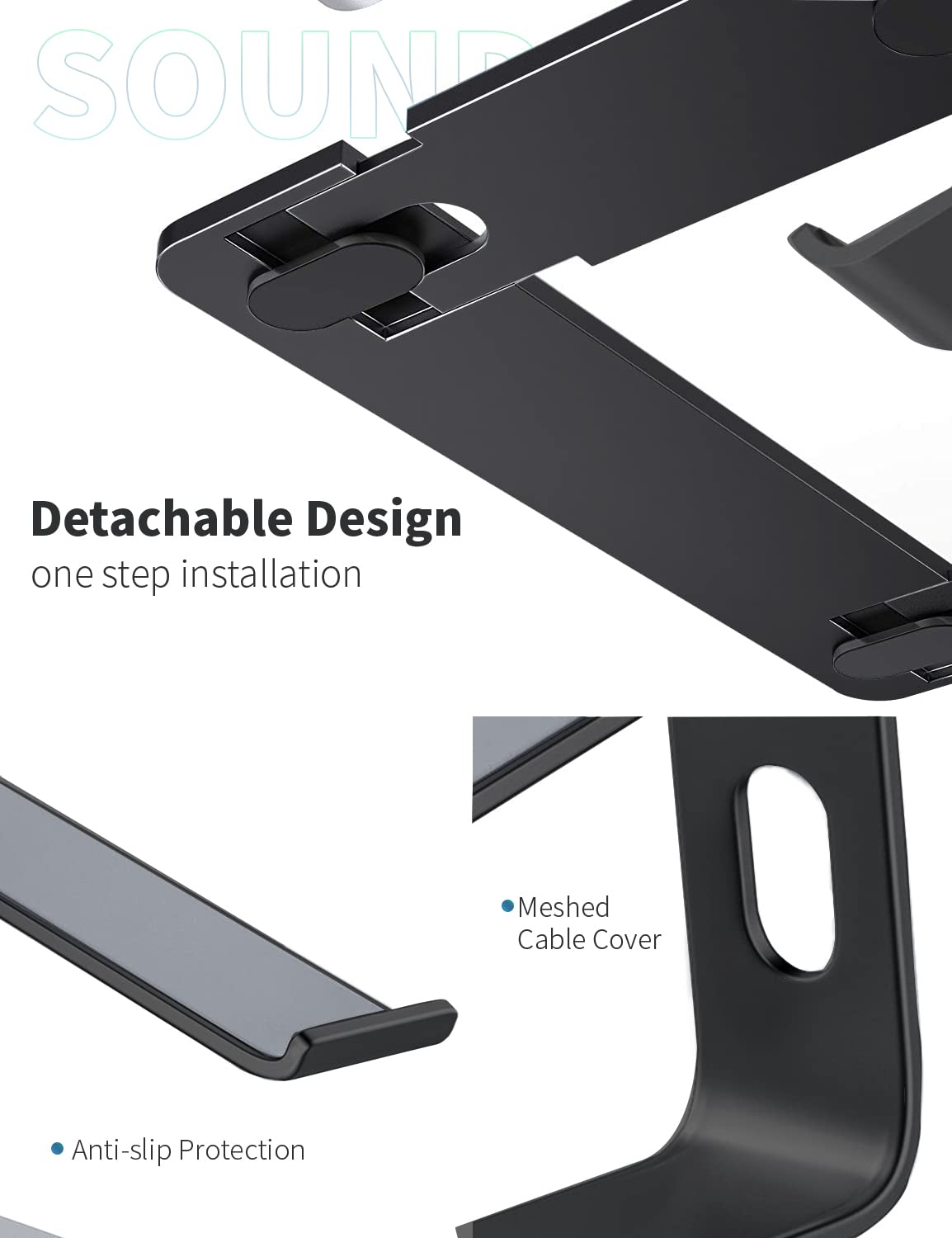 SOUNDANCE Laptop-Ständer, Aluminium-Computer-Erhöhung, ergonomischer Laptop-Ständer für den Schreibtisch, Metall-Halterung, kompatibel mit 10 bis 15,6 Zoll Notebook-Computern, Schwarz