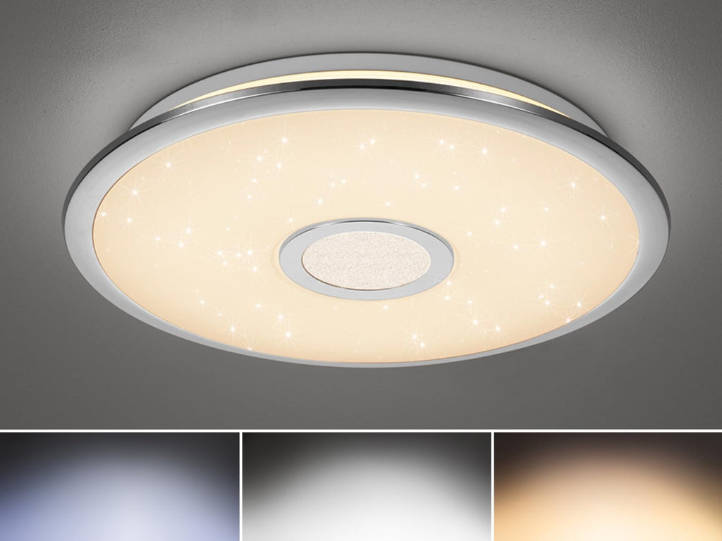 Trio Leuchten LED Deckenleuchte Osaka 678713006, Chrom, Acryl weiß mit Star Light Effekt, 30 Watt, Fernbedienung Helligkeit und Lichtfarbe einstellbar, Nachtlicht Funktion