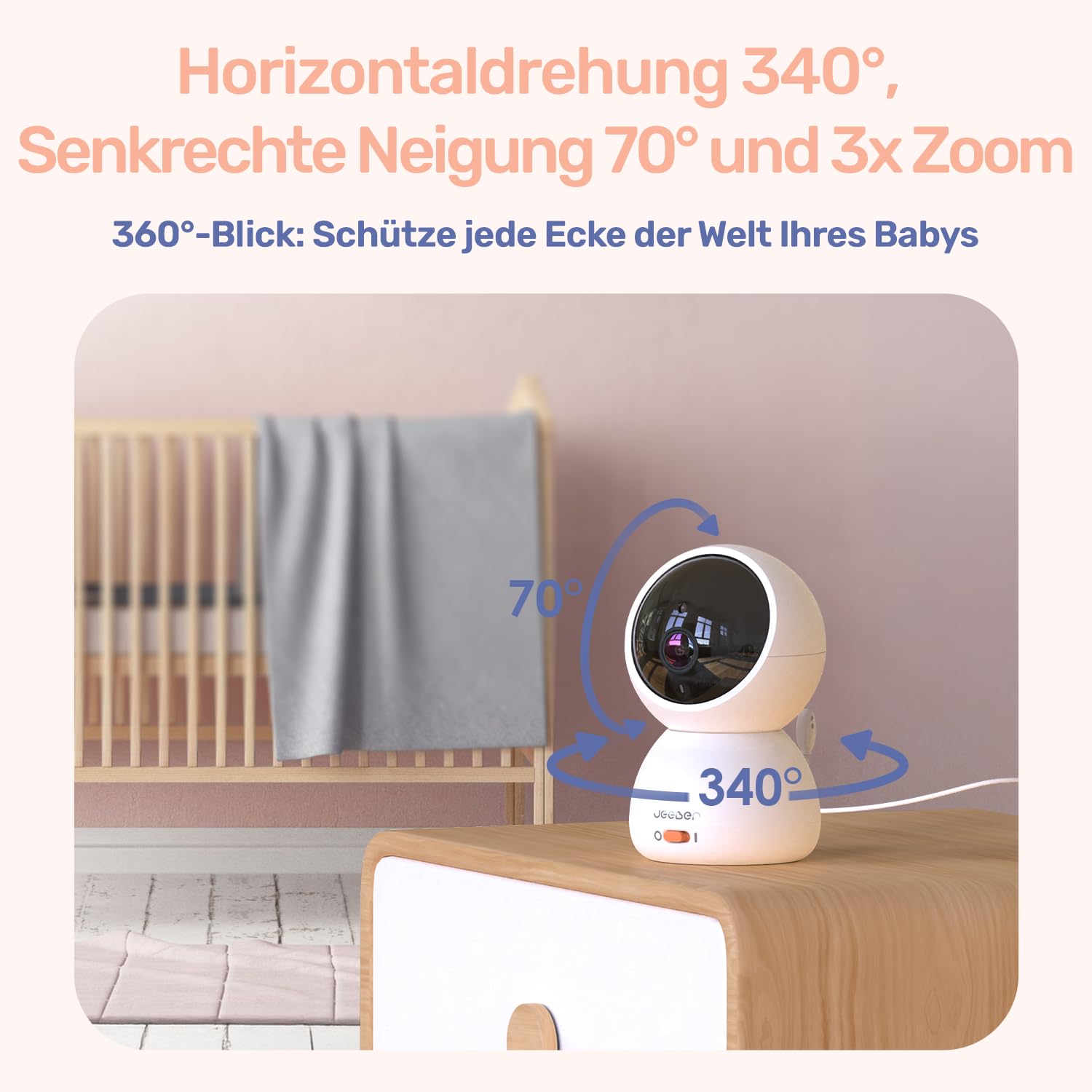 jeeber 360 Grad Babyphone mit Kamera, 4'' IPS WLAN Video Babyfon, Nachtsicht, 2 Wage Audio, Bereich alarme, Temperatur, 500m hohe Reichweite Baby Kamera und APP ohne ABO