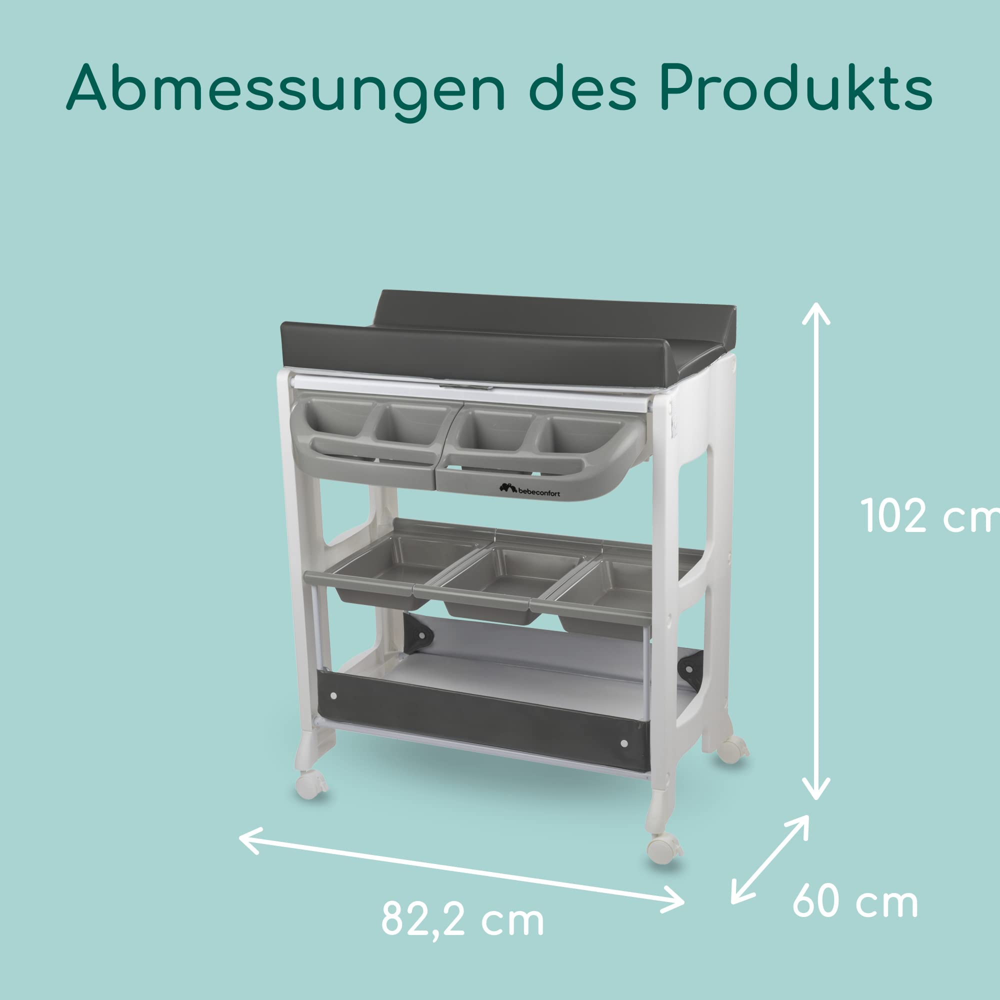 Bebeconfort Dolphy, 2-in-1 Baby Badewanne & Wickelkommode, 0 –12 Monate (max. 11 kg), Einfach Bewegbar Dank 4 Rollen, Aufbewahrungsfächer, Gepolsterte Wickelauflage, Einfache Wannenleerung, Grey Mist