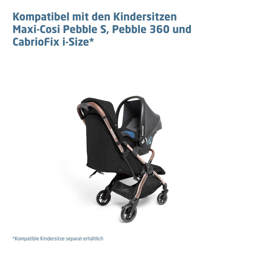 Maxi-Cosi Eva3 Kinderwagen, 0–4 Jahre, 0–22 kg, Baby Kinderwagen, Leicht und kompakt, Flache Liegeposition, 3 Liegepositionen, Automatisch mit 1 Hand klappbar, Tragegurt, Essential Black Champagne