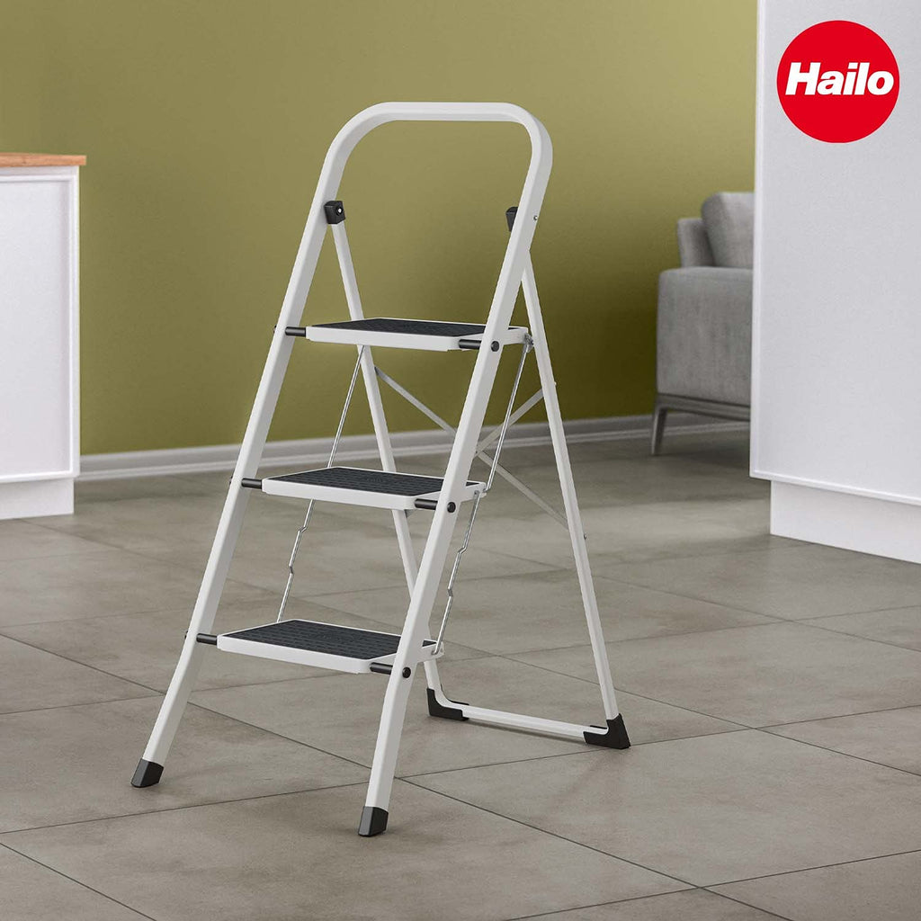Hailo HobbyStep Stahl-Klapptritt-Leiter - 3 breite Stahl-Stufen mit Anti-Rutsch-Matten belastbar bis 150 kg - Trittleiter mit Klappsicherung - geriffelter ganzflächig aufstehender Steckfuß - weiß