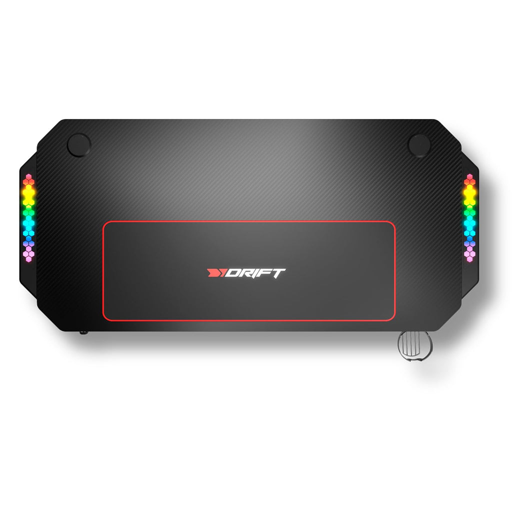 DRIFT GAMING DRDZ175RGB - Gaming-Tisch mit Kohlefaser-Tischplatte, Getränke- und Headset-Halter, Sound Reactive RGB-Seiten, Mousepad 80 x 30 cm, Schwarz, 130 x 60 x 75 cm