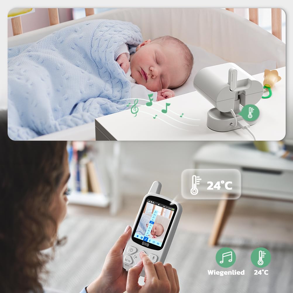 GHB Babyphone mit Kamera Baby Monitor 720P HD Zoom 2000mAh Akku 8 Schlafliedermit VOX Modus Nachtsicht