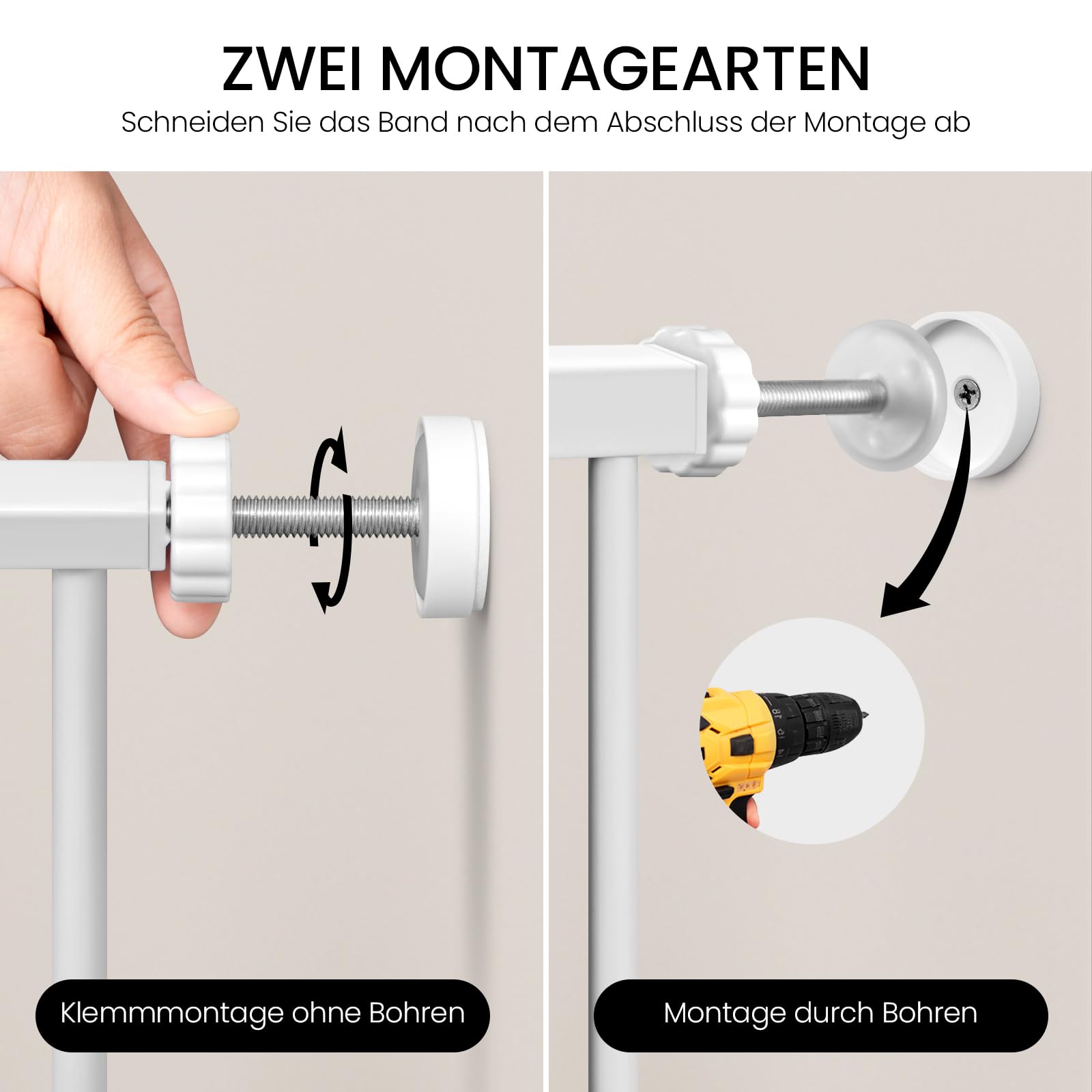 WOLTU Treppenschutzgitter 75–87 cm, Türschutzgitter aus Metall, mit/ohne Bohren, Auto-Close, 90°-Stopp, beidseitig schwenkbar, 2 Riegel, einhändig zu öffnen,Weiß