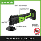 Greenworks 24V Multifunktionswerkzeug G24MT (Li-Ion 24V 18000 Schwingungen pro Minute 3° Oszillationsbogen variable Geschwindigkeit werkzeugloser Klingenwechsel LED-Leuchte ohne Akku und Ladegerät)