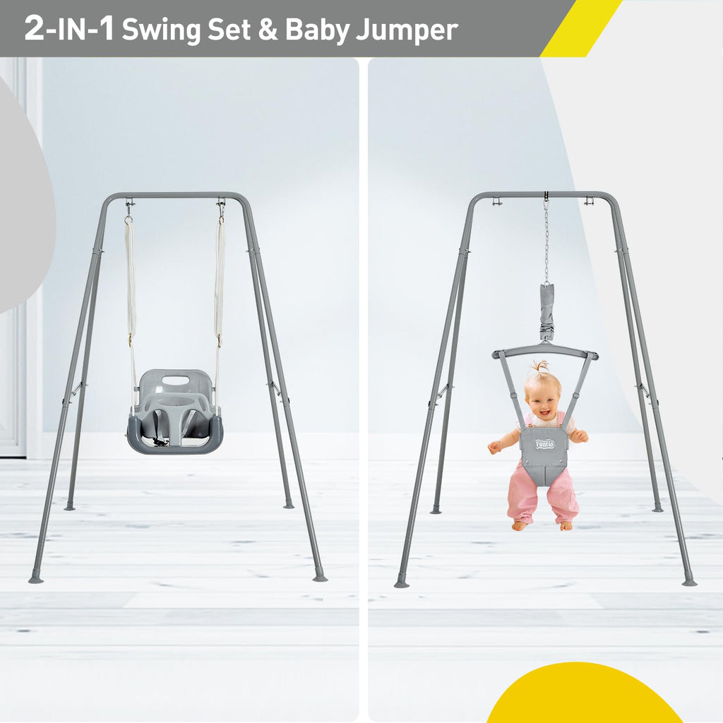 FUNLIO 2-in-1 Schaukeln Set und Baby Türhopser für Kleinkinder, Schaukelset für Kinder mit 4 Sandsäcken, Faltbarer Metallständer für drinnen und draußen, einfach zu montieren und aufzubewahren - Grau