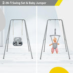 FUNLIO 2-in-1 Schaukeln Set und Baby Türhopser für Kleinkinder, Schaukelset für Kinder mit 4 Sandsäcken, Faltbarer Metallständer für drinnen und draußen, einfach zu montieren und aufzubewahren - Grau