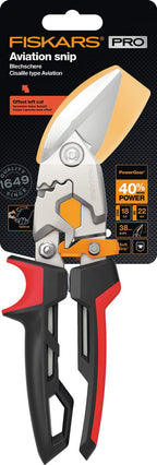Fiskars Blechschere, Versetzter linker Schnitt, Bis zu 40% mehr Kraft, Länge 252 cm, Wärmebehandelter Stahl/Kunststoff, Schwarz/Rot/Orange, PowerGear, 1027211