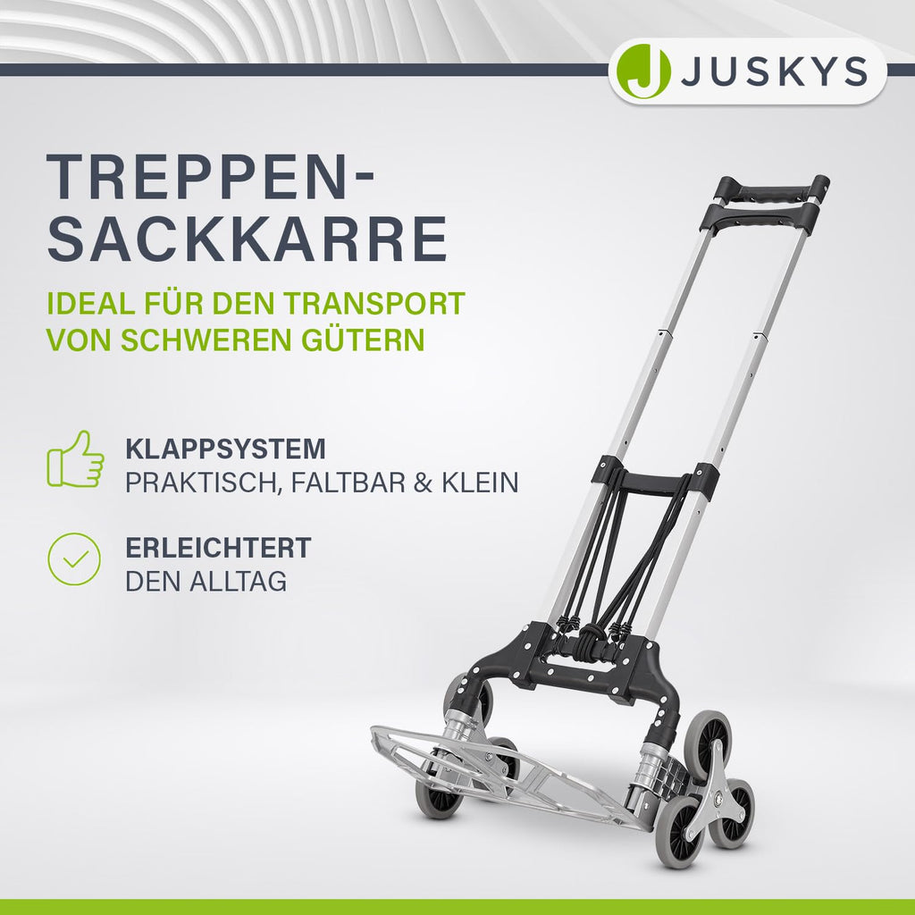 Juskys Treppensackkarre klappbar & bis 80 kg belastbar - Alu Mini Sackkarre für Treppen - mit Handschuhen & Expanderseilen - Treppensteiger klein