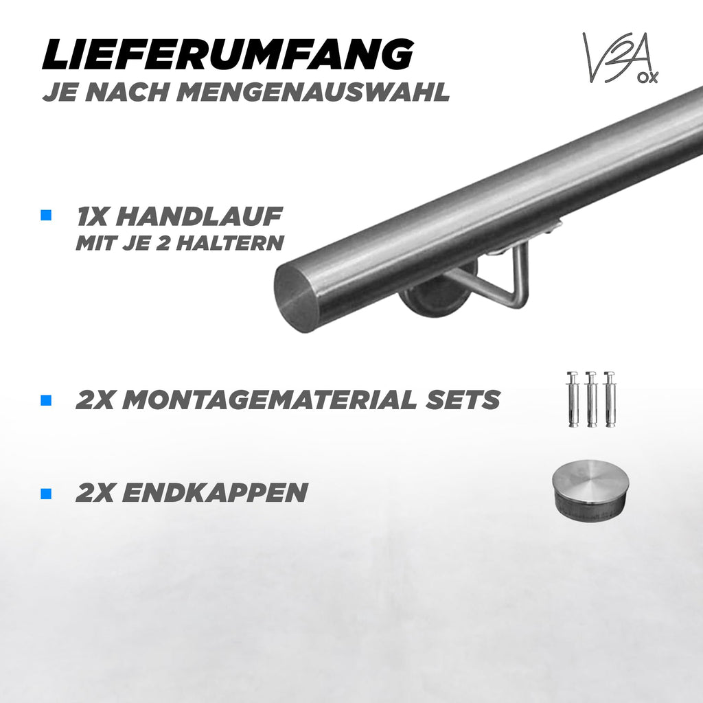 V2Aox Handlauf Treppengeländer aus Edelstahl, Durchmesser: 4,2 cm, Rostfrei & Wetterfest, Inklusive Montagematerial, Halter, Länge: 80 cm
