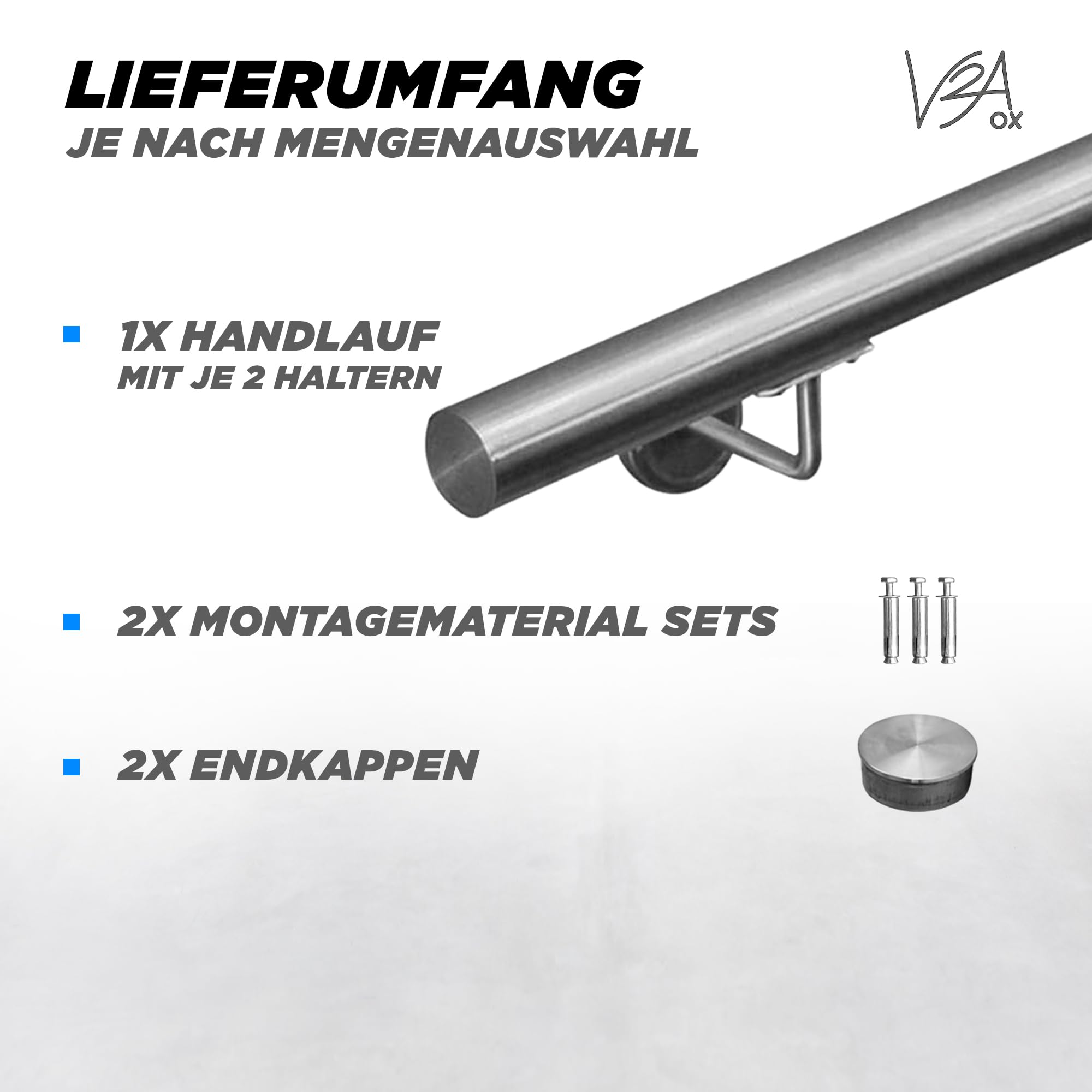 V2Aox Handlauf Treppengeländer aus Edelstahl, Durchmesser: 4,2 cm, Rostfrei & Wetterfest, Inklusive Montagematerial, Halter, Länge: 40 cm
