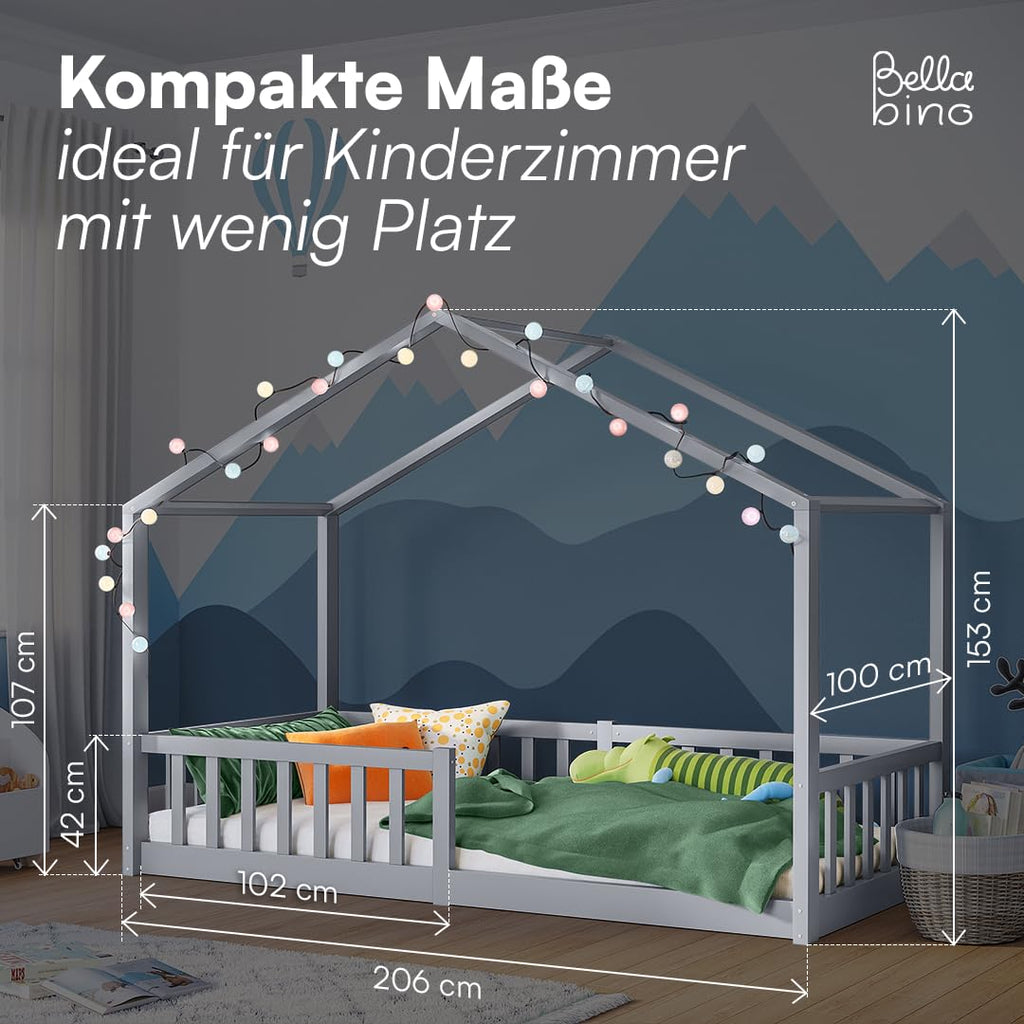 Bellabino Bia Kinderbett 90x200 cm – Bodenbett mit Rausfallschutz & Lattenrost – Hausbett aus Massivholz Kiefer – Montessori Kinder Bett in Hellgrau für Jungen und Mädchen