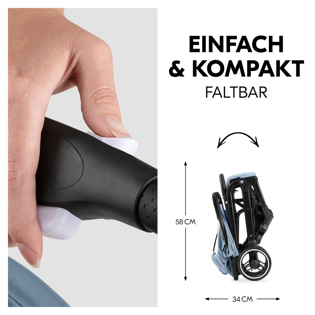 hauck Travel N Care Plus, Dusty Blue - Reisebuggy für Kinder ab Geburt bis 22 kg mit Liegefunktion & Kopfposter - Leicht (7,2 kg) & Einhändig Faltbar - Selbststehend - UPF 50+ & Netzfenster