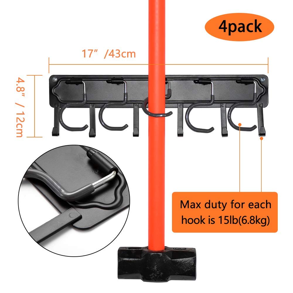 YueTong 172,7 cm Gartenwerkzeug-Organizer aus Metall, verstellbare Garagen-Wand-Organizer und Aufbewahrung, robuste Wandhalterung mit Haken für Besen, Rechen, Mop, Schaufel (4 Stück)