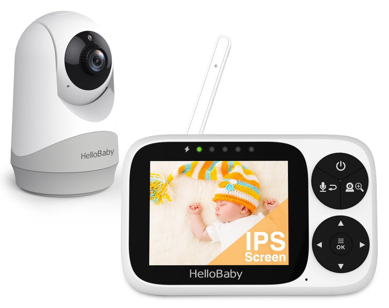 HelloBaby Babyphone mit Kamera, 3,2-Zoll-IPS-Bildschirm, Nachtsicht, Babyphone ohne WLAN, Schwenken, Neigen Zoomen Temperaturüberwachung, 2-Wege-Audio, Schlaflied, Alarm