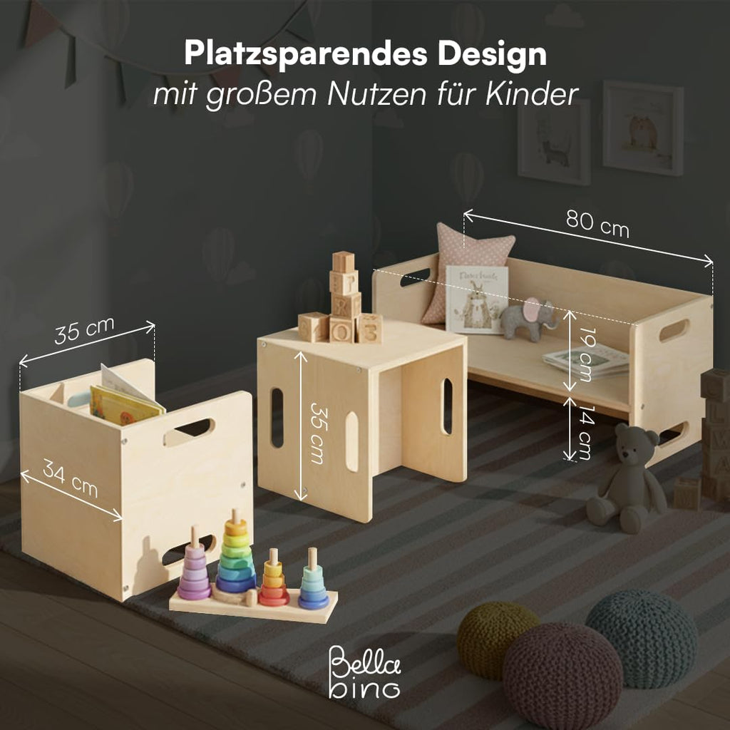 Bellabino Aki Kindersitzgarnitur - Kindermöbel Set 3 teilig - 2in1 Kinderhocker/Beistelltisch aus Holz Natur - Montessori Wendebank Birke - Kindersitzgruppe Indoor - Kindertisch mit Kinderstuhl