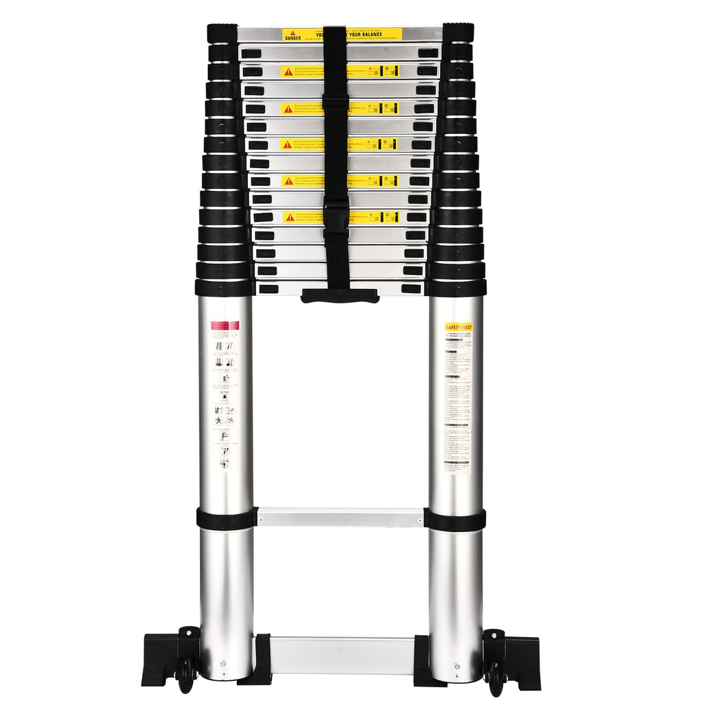 HBTower Teleskopleiter 6,3 m mit Stabilisator, Klappbare Profi-Ausziehleiter aus Aluminium mit Rutschfesten Füßen, Extra Hoch & Stabil, Tragkraft 150 kg, Ideal für Handwerker & Fassadenarbeiten