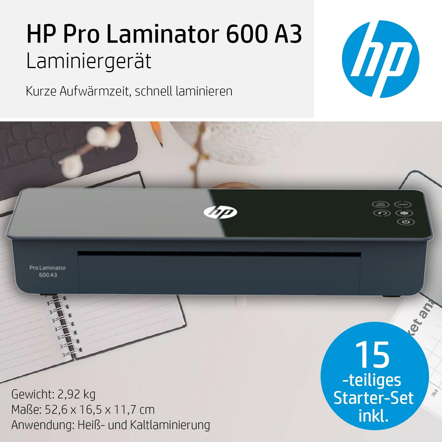 HP Pro Laminator 600 A3, Laminiergerät, 75/80-125 Micron, inklusive Laminierfolien, 3164