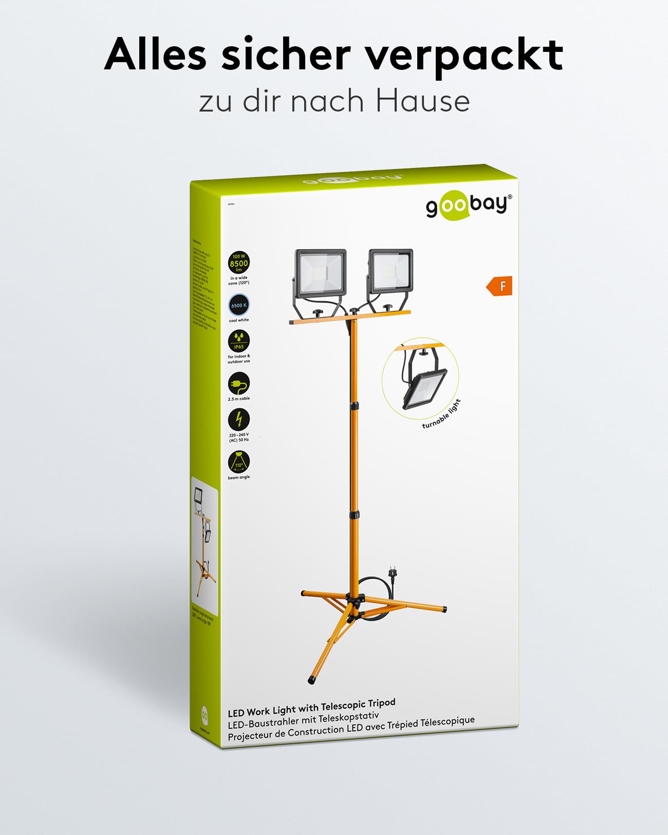 Goobay 2 x 50W Baustrahler LED mit Stativ einstellbar und 2,5m Kabel für Baustelle, Werkstatt oder Keller - IP65 Baulampe LED für Innen- & Außenbereich - Strahler 2x8500 Lumen kaltweißes Licht 6500K
