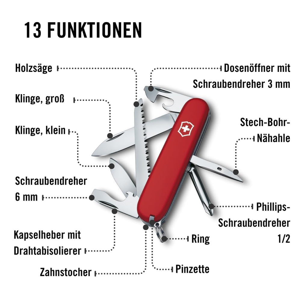 Victorinox Schweizer Taschenmesser Hiker, Swiss Army Knife, Multitool, 13 Funktionen, Klinge, Dosenöffner, Schraubendreher