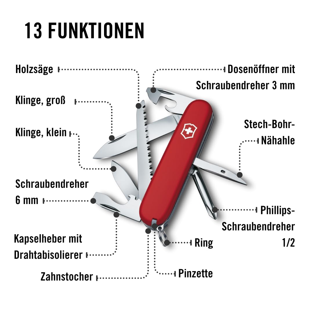 Victorinox Schweizer Taschenmesser Hiker, Swiss Army Knife, Multitool, 13 Funktionen, Klinge, Dosenöffner, Schraubendreher