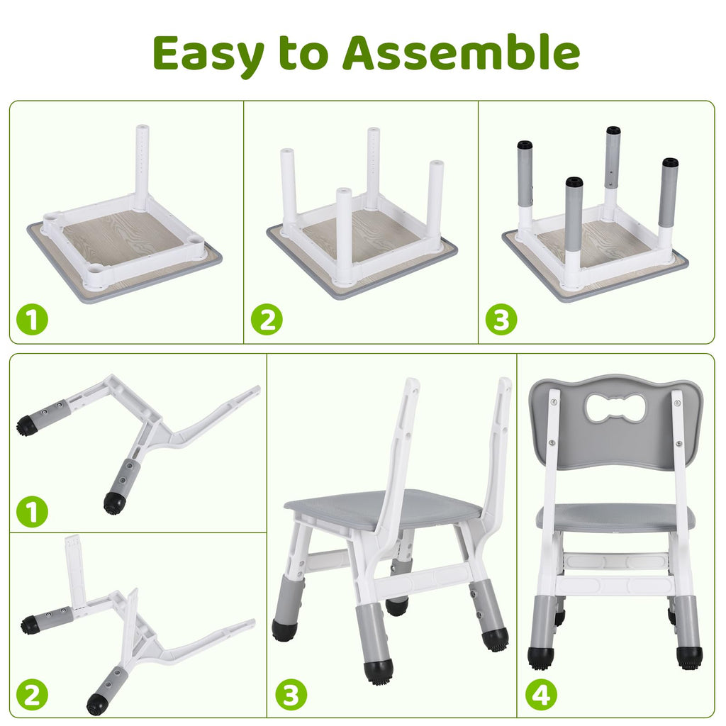 Kindertisch mit 2 Stühlen, Kindersitzgruppe Höhenverstellbar Packung, Tisch Stuhl Set für Kinderzimmer, Plastik Kindermöbel, Sitzgruppe für Jungen Mädchen ab 3 Jahre (Grau, Quadratischen Tisch)