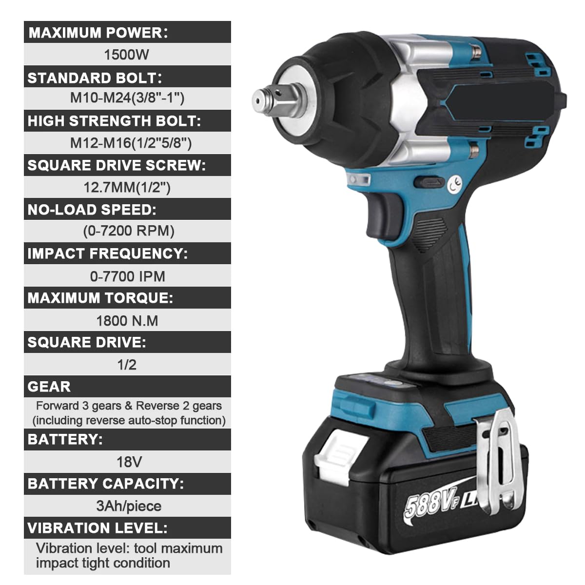 1200N.M Akku-Schlagschrauber,1/2 Zoll Schlagschrauber,Kompatibel mit Makita 18V, Multifunktions-Schlagschraubers mit LED-Licht, mit Akku, 7200 rpm, 4 Geschwindigkeiten, für Auto und Haus (Blau)