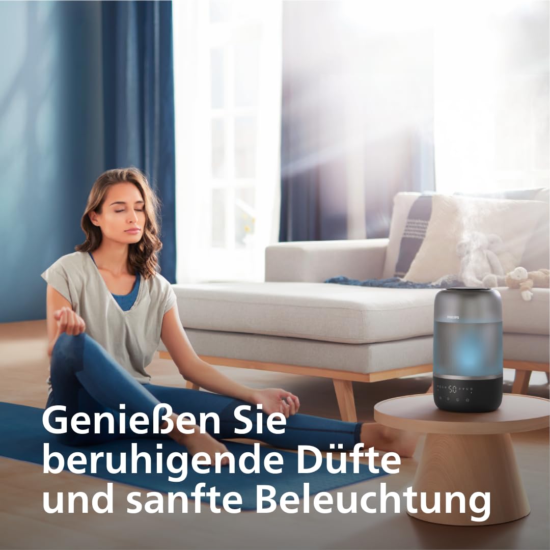 Philips Smart Humidifier - kompakt und dennoch leistungsstark mit himmelhohem Nebel, Aromatherapie, leise mit Schlaffunktion und Nachtlicht, für (Schlaf-) Räume bis zu 41m² (HU1510/03)