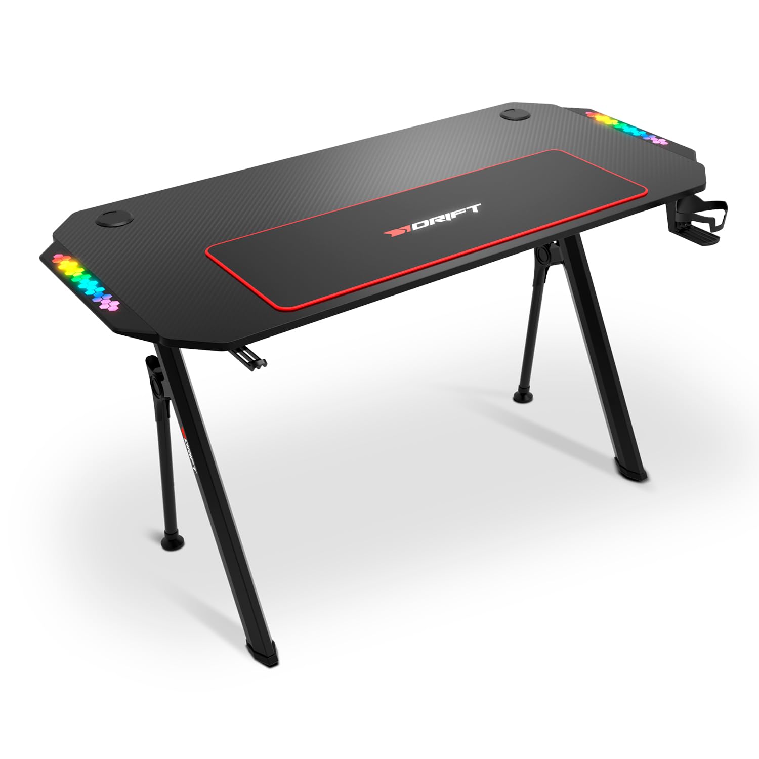 DRIFT GAMING DRDZ175RGB - Gaming-Tisch mit Kohlefaser-Tischplatte, Getränke- und Headset-Halter, Sound Reactive RGB-Seiten, Mousepad 80 x 30 cm, Schwarz, 130 x 60 x 75 cm