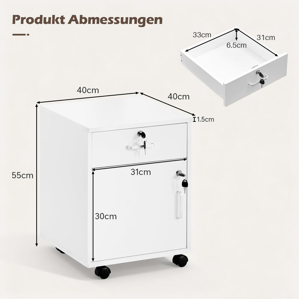 TUKAILAI Rollcontainer, Rollcontainer Abschließbar, Aktenschrank mit Schubladen, Büroschrank mit Rollen, Drucker Ablagefächer für Büromöbel 40x40x57 cm, Weiß