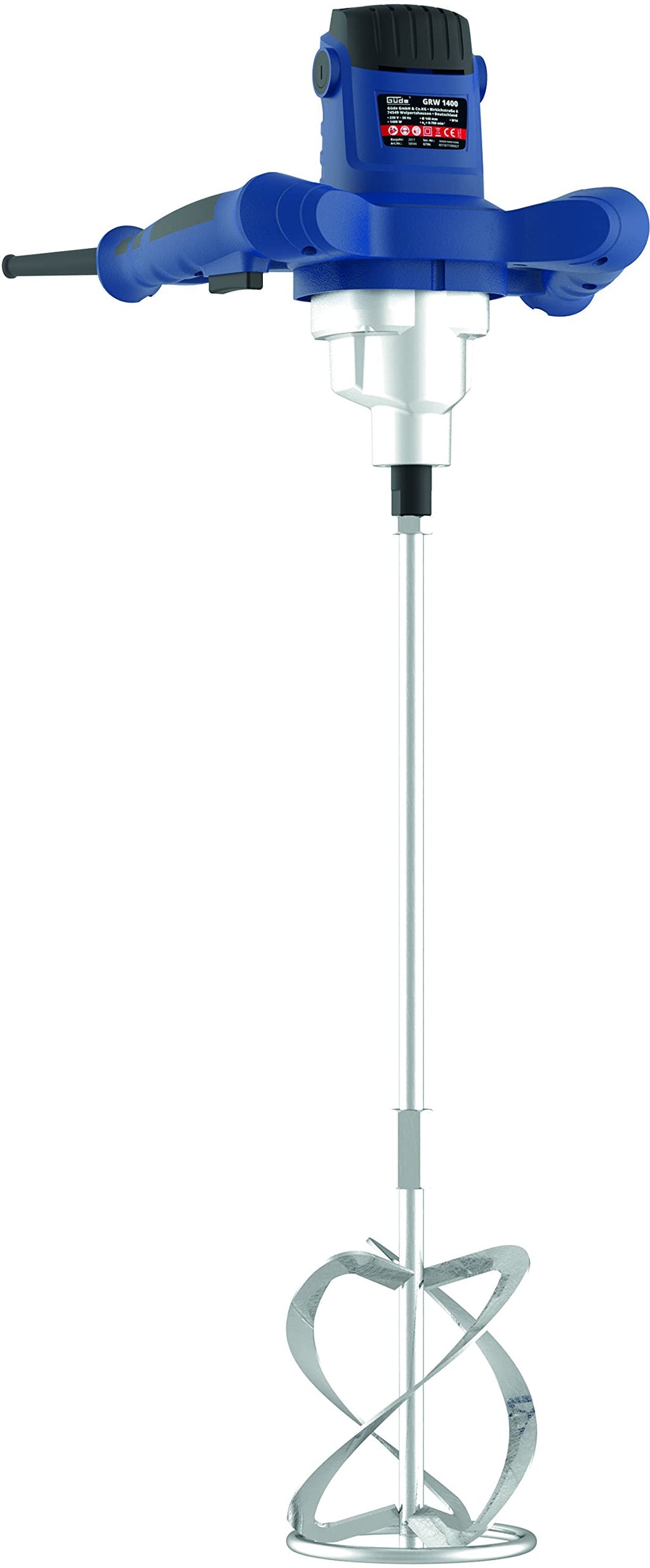 Güde Rührwerk GRW 1400 (1400 W, stufenlose elektronische Drehzahlregulierung im Griff 0-760 1/min, Metallgetriebe, ergonomisch, Rühreraufnahme M14, Rührer ø 140 mm für pulverförmige Bauwerkstoffe)