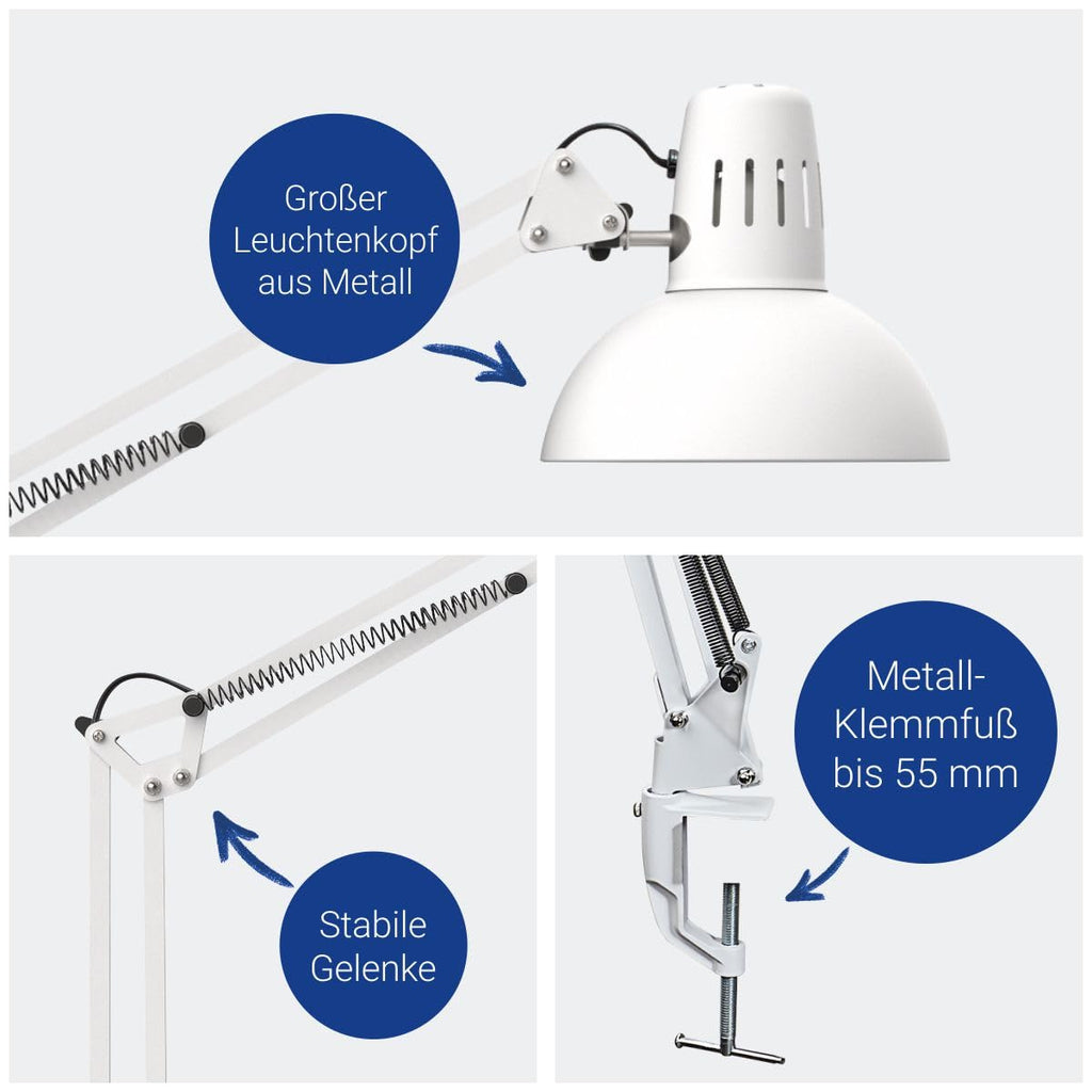 Maul LED Schreibtischlampe MAULstudy | verstellbare Klemmleuchte mit Gelenkarm für Büro, Arbeitszimmer und Schreibtisch | elegante Bürolampe aus Metall | exklusive LED-Leuchtmittel | Weiß
