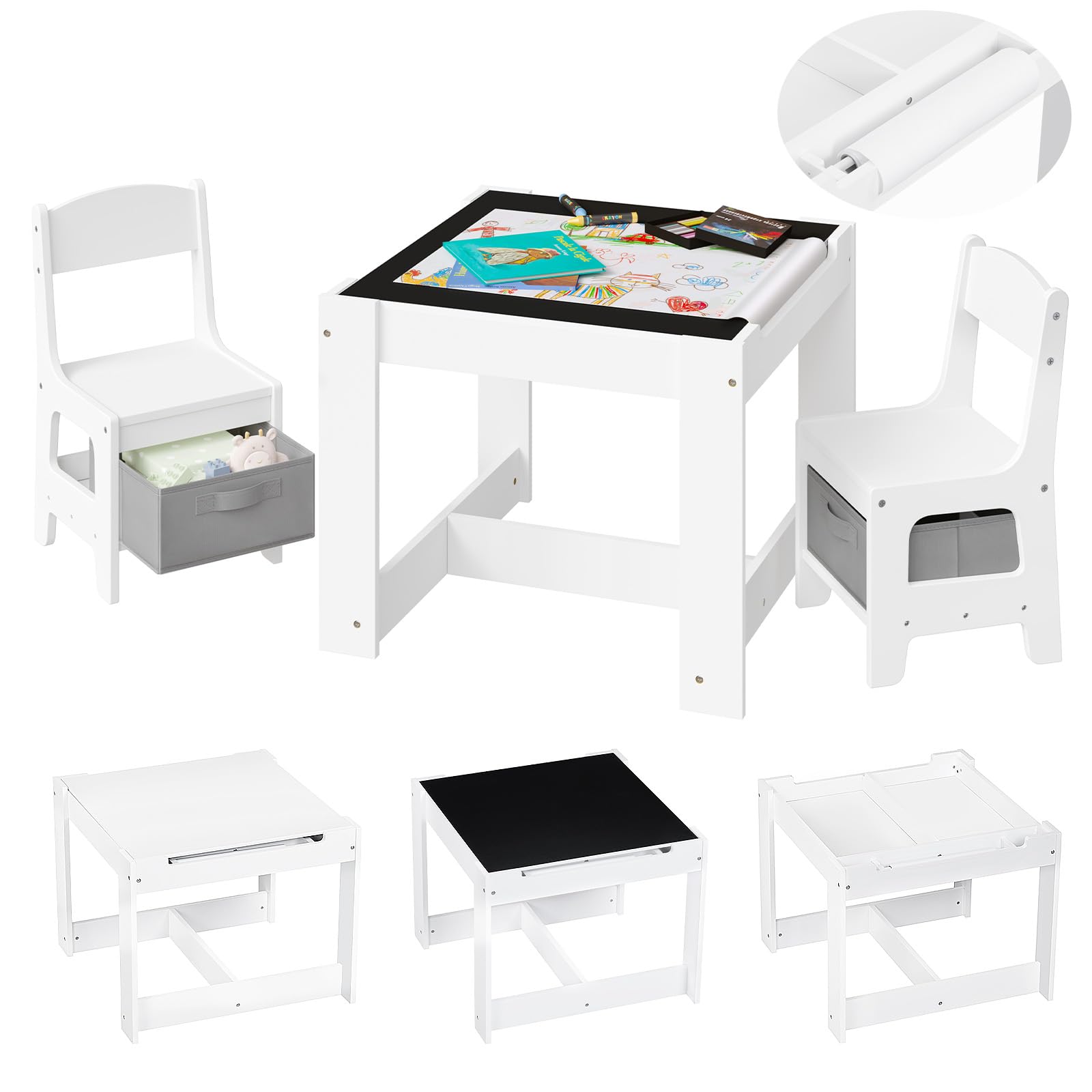 Lestarain 3 TLG. Kindertisch mit 2 Stühlen, Kindersitzgruppe, Kindermöbel Set mit Stauraum, Malttisch für Vorschüler, Tischplatte mit Tafel und Papierrolle, für Kinderzimmer Spielzimmer, Weiß