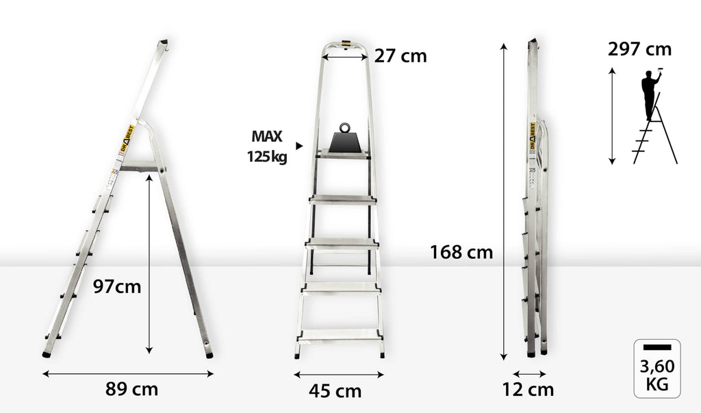 DRABEST Trittleiter klappbar Aluleiter 5 Stufen Stufenleiter Haushaltsleiter Belastbar bis 125 kg Stehleiter kostenloser Haken