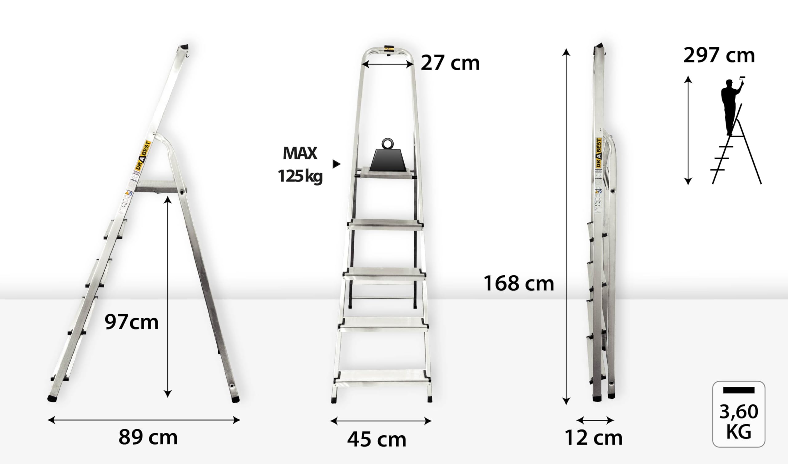 DRABEST Trittleiter klappbar Aluleiter 5 Stufen Stufenleiter Haushaltsleiter Belastbar bis 125 kg Stehleiter kostenloser Haken