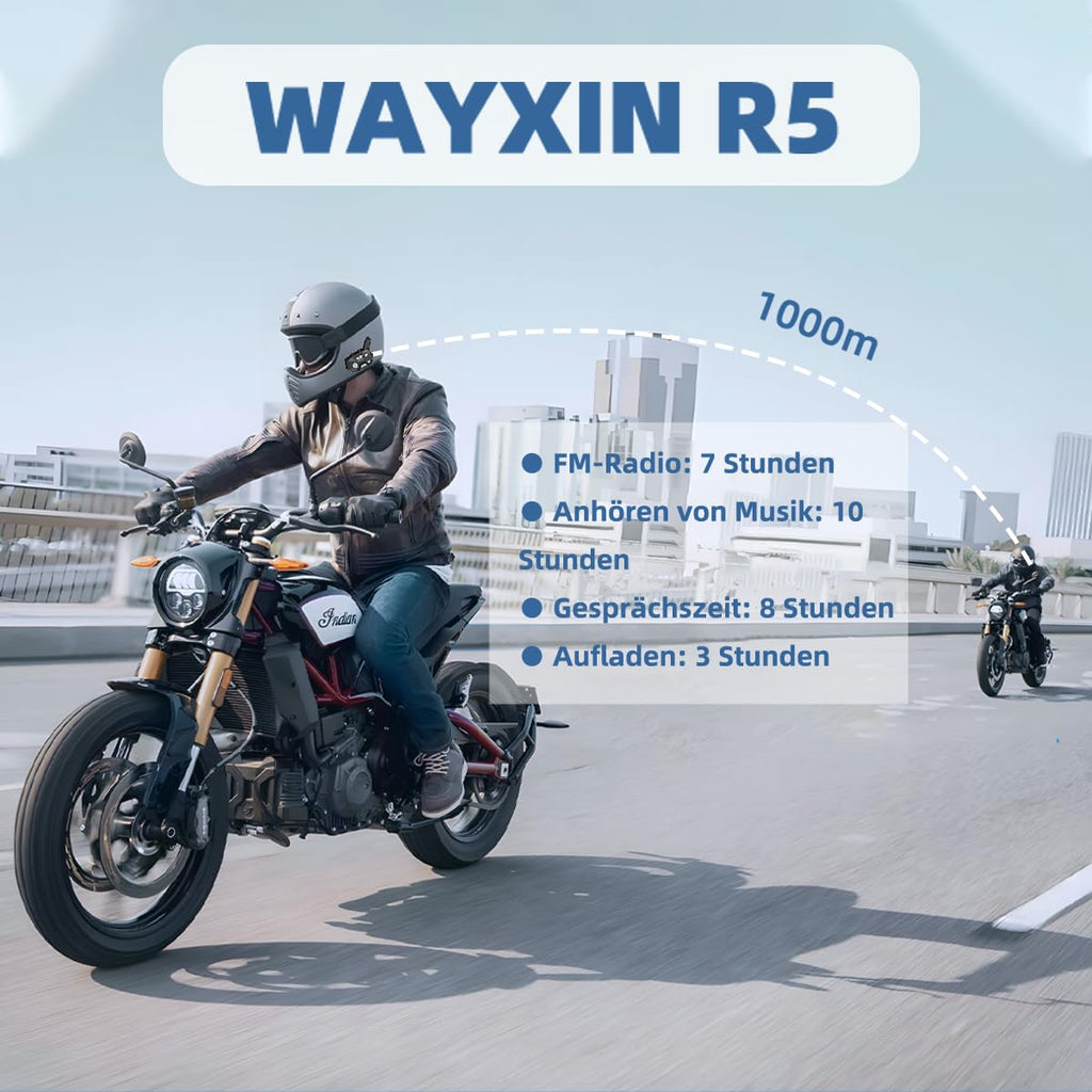 WAYXIN R5 Pro Motorrad Headset Intercom mit HiFi/FM/AI Sprache Motorrad Bluetooth Headset für 2 Personen in Reichweite von 1200m 40mm Motorrad Intercom IP67 wasserdicht （2pc）
