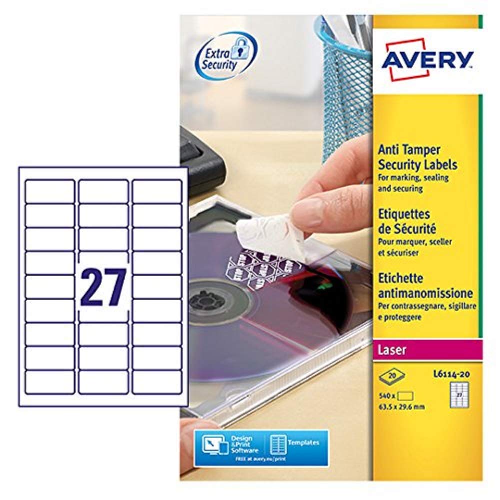 AVERY Zweckform Siegeletiketten Laser 27TV 63,5x29,6mm - Ref L6114-20 (540 Etiketten)